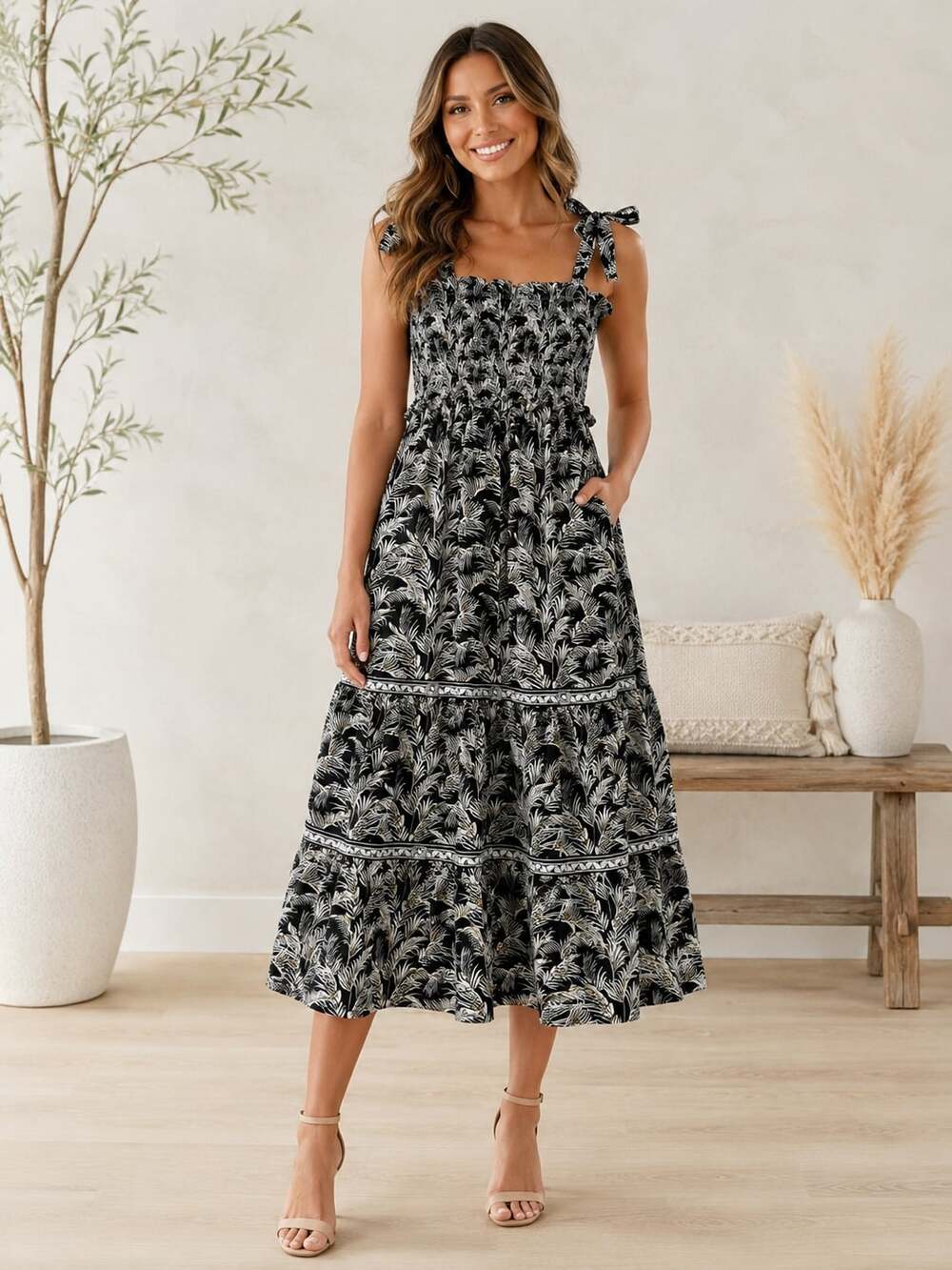 Max Studio Palm Print Smocked Tiered Maxi Dress Black White Women’s L NWT